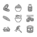 Set Served fish on a bowl, plate, Canned, Sushi, Fishing boat, steak, Sea cucumber jar and Mussel icon. Vector