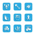 Set Served fish on a bowl, Seaweed, Sushi, Octopus, cutting board, Scallop sea shell, Tropical and Lobster icon. Vector