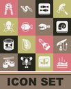 Set Served fish on a plate, Fishing harpoon, Octopus, Canned, steak and Lobster or crab claw icon. Vector