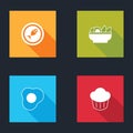 Set Served fish on a plate, Nachos in, Scrambled eggs and Cupcake icon. Vector Royalty Free Stock Photo