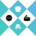 Set Served fish on a plate, Octopus, Shell with pearl and Tin can caviar icon. Vector