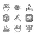 Set Served fish on a plate, Shark fin soup, Lobster, Octopus, Canned, Fisherman and bowl icon. Vector