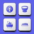 Set Served fish on a plate, Soy sauce in bowl, Rice with and Fish steak icon. White square button. Vector Royalty Free Stock Photo