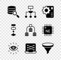 Set Server, Algorithm, Neural network, Artificial intelligence AI, Funnel filter, and Data icon. Vector Royalty Free Stock Photo