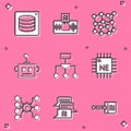 Set Server, Data, Artificial intelligence AI, Neural network, robot, Algorithm, Processor CPU, and Chat icon. Vector