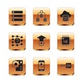 Set Server, Data, Neural network, Mobile phone, Graduation cap, Cloud database, Binary code and icon. Vector Royalty Free Stock Photo