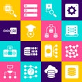 Set Server, Data, Neural network, Photo retouching, Graduation cap, Binary code, Processor CPU and icon. Vector Royalty Free Stock Photo