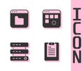 Set Server, Data report, Browser files, Data, Web Hosting and Loading data window icon. Vector Royalty Free Stock Photo
