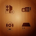 Set Server, Data, Web Hosting, Case of computer, camera and Video graphic card on wooden background. Vector Royalty Free Stock Photo