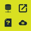 Set Server, Data, Web Hosting, Cloud mail server, Unknown document and Open new window icon. Vector Royalty Free Stock Photo