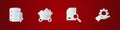 Set Server, Data, Web Hosting, Coal mine trolley, Document with search and Hand settings gear icon. Vector Royalty Free Stock Photo