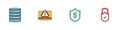 Set Server, Data, Web Hosting, Laptop with exclamation mark, Shield dollar and Lock and check icon. Vector Royalty Free Stock Photo
