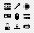 Set Server, Data, Web Hosting, Microphone, Processor with microcircuits CPU, Safe combination lock, Security camera