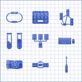 Set Server, Data, Web Hosting, Smartwatch, Screwdriver, Keyboard and mouse, Video graphic card, Test tube flask