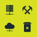 Set Server, Data, Web Hosting, Trash can, Network cloud connection and Two crossed hammers icon. Vector Royalty Free Stock Photo