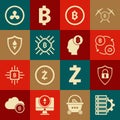 Set Server and gear, Shield security with lock, Cryptocurrency exchange, coin Bitcoin, CPU mining farm, Ethereum ETH