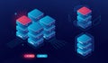 Set of server room element, isometric big data processing, data center database concept, blockchain technology, data