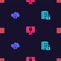Set Server security with lock, Cloud computing, Lock on computer monitor and Firewall, wall on seamless pattern. Vector Royalty Free Stock Photo