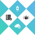 Set Server security with lock, Cloud computing, Retro wall watch and Cyber icon. Vector