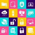 Set Server security with lock, Lock on monitor, Credit card, Shield, USB flash drive and Cloud api interface icon Royalty Free Stock Photo