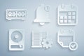 Set Server setting, Calendar, Hard disk drive HDD, with check mark, Bell and Retro flip clock icon. Vector Royalty Free Stock Photo