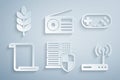 Set Server with shield, Gamepad, Paper scroll, Router and wi-fi, Radio and Wheat icon. Vector