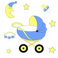 set set of blue stroller for boy on walk, moon in hat, blue nipple and stars. Baby items for newborn