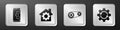 Set Setting on smartphone, House with gear, Timing belt kit and Gear and arrows as workflow icon. Silver square button
