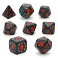 Set of seven black polyhedral dice with red numbers isolated on white background Royalty Free Stock Photo