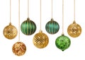 Seven gold and green decoration Christmas balls collection hanging isolated
