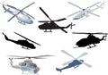 Set of seven helicopters isolated on white