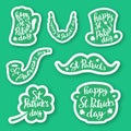 Set of seven stickers emblems with lettering: leaf clover, beer mug, mustaches, beard, hat , smoking pipe , pot of gold coins. Royalty Free Stock Photo