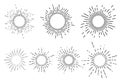 Set of seven vintage sunburst, sun rays, sunbeams, vector design elements for your design