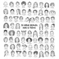 Set of seventy hand drawn children`s faces, black and white