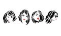 set of several beautiful female faces with short hair tribal tattoos