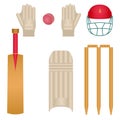 Set of several cricket gear.Isolated Flat Cartoon   icons on white background. Royalty Free Stock Photo