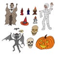 Set of several Halloween hand-drawn icons