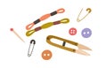 Set of sewing accessories and repair tools. Skeins of thread, embroidery floss, safety pins, buttons, cutter and nipper