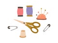 Set of sewing accessories. Thread spools, pad with pins, scissors and thimble. Tailor's supplies for needlework. Flat