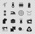 Set Sewing chalk, machine, Knitting needles, Needle for sewing, Electric iron, Yarn, with thread and button icon. Vector Royalty Free Stock Photo