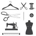 Set of sewing dressmaking and tailoring equipment silhouette icons. Vector. Set include sewing needle, mannequin, button