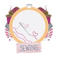 Set of sewing elements. Needle with thread. embroidery ring, hoop in the cartoon style Royalty Free Stock Photo