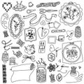 set of sewing and embroidery items. Threads, needles, fabrics, embroidery hoops, buttons, scissors, patches, needle cushion. for Royalty Free Stock Photo