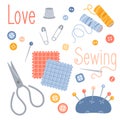 Set of sewing hobby design elements in flat style. Sewing accessories. Royalty Free Stock Photo