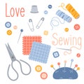 Set of sewing hobby design elements in flat style. Sewing accessories.