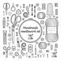 Set of sewing items monochrome color. Handmade, sewing, embroidery, needlework supplies
