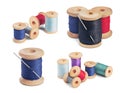 Set of sewing needle and colorful sewing threads on wooden spool on isolated white background Royalty Free Stock Photo