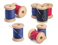 Set of sewing needle and colorful sewing threads on wooden spool on isolated white background Royalty Free Stock Photo