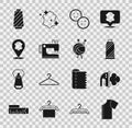 Set Sewing pattern, Electric iron, thread spool, button, machine, Leather, and Yarn ball with knitting needles icon Royalty Free Stock Photo
