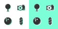 Set Sewing thread on spool, Golf ball tee, Bowling and Photo camera icon. Vector Royalty Free Stock Photo